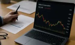 Laptop mit angezeigtem Kurschart, daneben eine Hand mit Stift über einem Finanzdokument auf einem Schreibtisch.