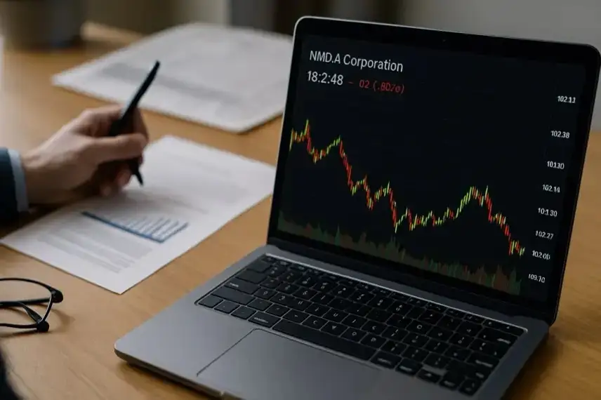 Laptop mit angezeigtem Kurschart, daneben eine Hand mit Stift über einem Finanzdokument auf einem Schreibtisch.