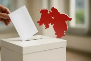 Eine Hand wirft einen leeren Stimmzettel in eine Wahlurne, im Hintergrund eine rote Silhouette der Landkarte von Niedersachsen.