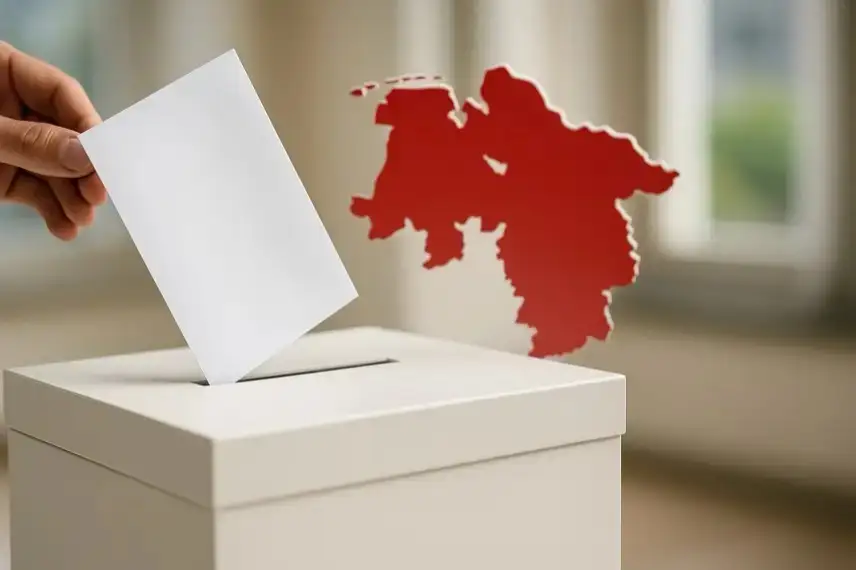 Eine Hand wirft einen leeren Stimmzettel in eine Wahlurne, im Hintergrund eine rote Silhouette der Landkarte von Niedersachsen.
