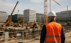 Ein Bauarbeiter mit orangefarbener Warnweste und weißem Helm blickt auf eine große Baustelle mit Kränen, Baggern und umliegenden Bürogebäuden.