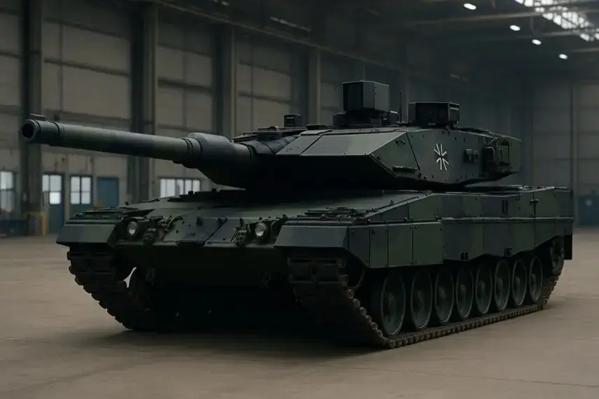 Fotorealistische Darstellung eines Leopard-Panzers in einer großen Industriehalle, frontal und leicht seitlich aufgenommen, ohne Personen.