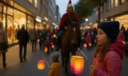 Kinder mit bunten Laternen und ein Reiter in St.-Martin-Kleidung ziehen durch eine beleuchtete Einkaufsstraße in der Dämmerung.