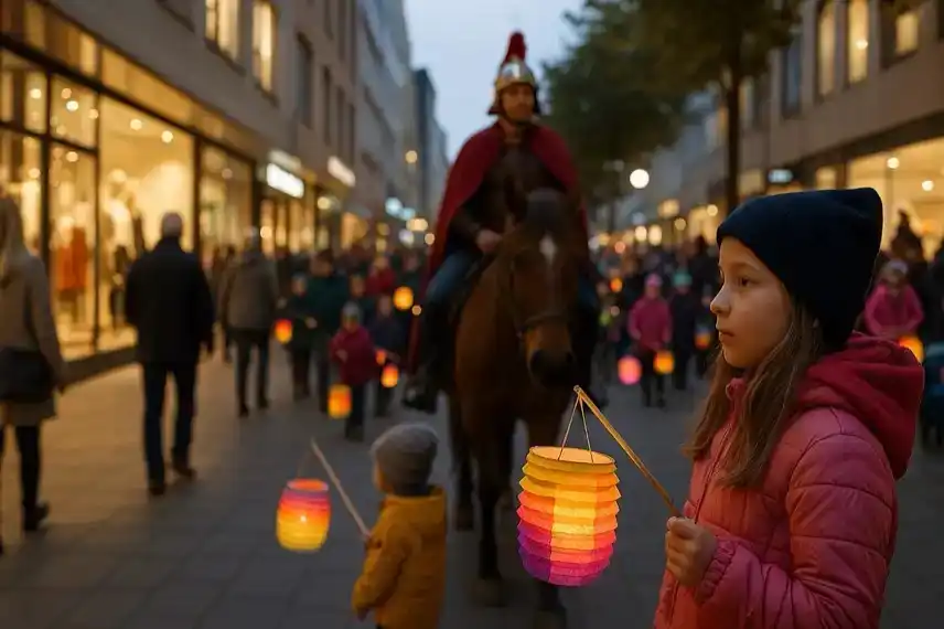 Kinder mit bunten Laternen und ein Reiter in St.-Martin-Kleidung ziehen durch eine beleuchtete Einkaufsstraße in der Dämmerung.