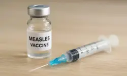 Nahaufnahme einer Spritze und eines Impfstoff-Fläschchens auf einem hellen Holztisch mit sanfter Tiefenschärfe.