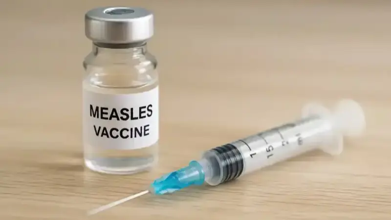 Nahaufnahme einer Spritze und eines Impfstoff-Fläschchens auf einem hellen Holztisch mit sanfter Tiefenschärfe.