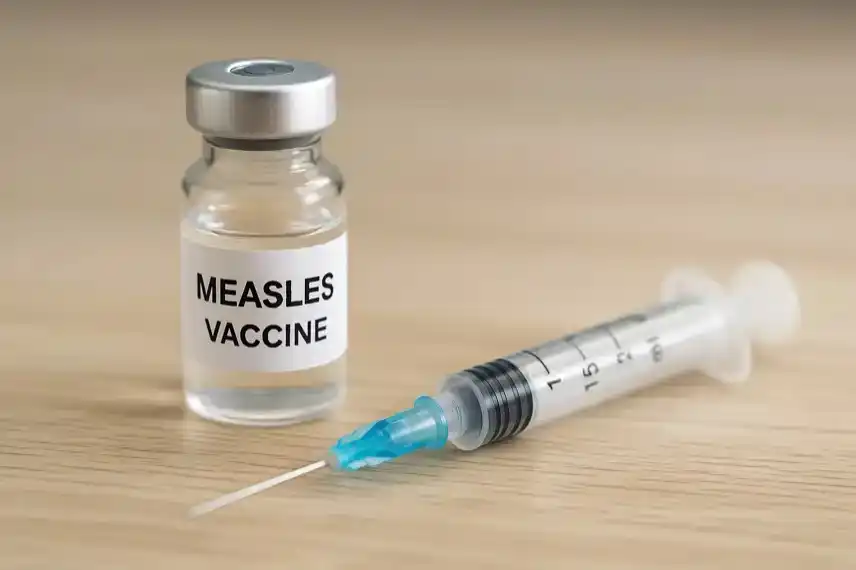 Nahaufnahme einer Spritze und eines Impfstoff-Fläschchens auf einem hellen Holztisch mit sanfter Tiefenschärfe.