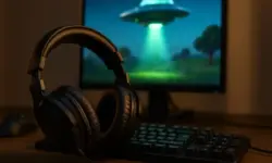 Schwarze Kopfhörer auf einer Tastatur vor einem Bildschirm, der ein Videospiel mit einem UFO zeigt.