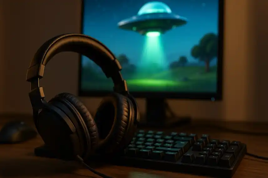 Schwarze Kopfhörer auf einer Tastatur vor einem Bildschirm, der ein Videospiel mit einem UFO zeigt.