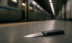 Ein Klappmesser liegt auf dem Boden eines Bahnsteigs, im Hintergrund steht ein unscharfer Zug in einer hellen Bahnhofshalle.