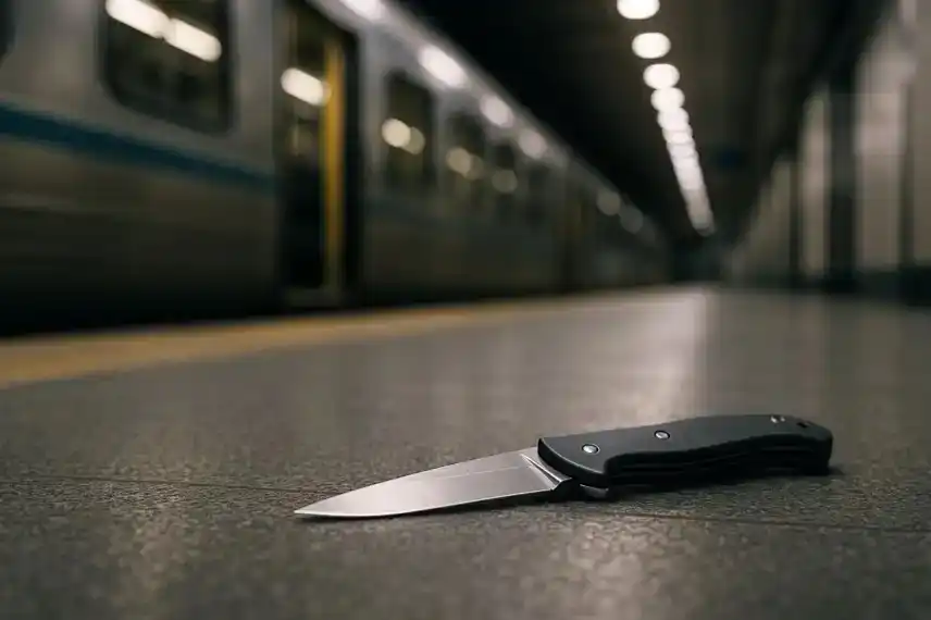 Ein Klappmesser liegt auf dem Boden eines Bahnsteigs, im Hintergrund steht ein unscharfer Zug in einer hellen Bahnhofshalle.