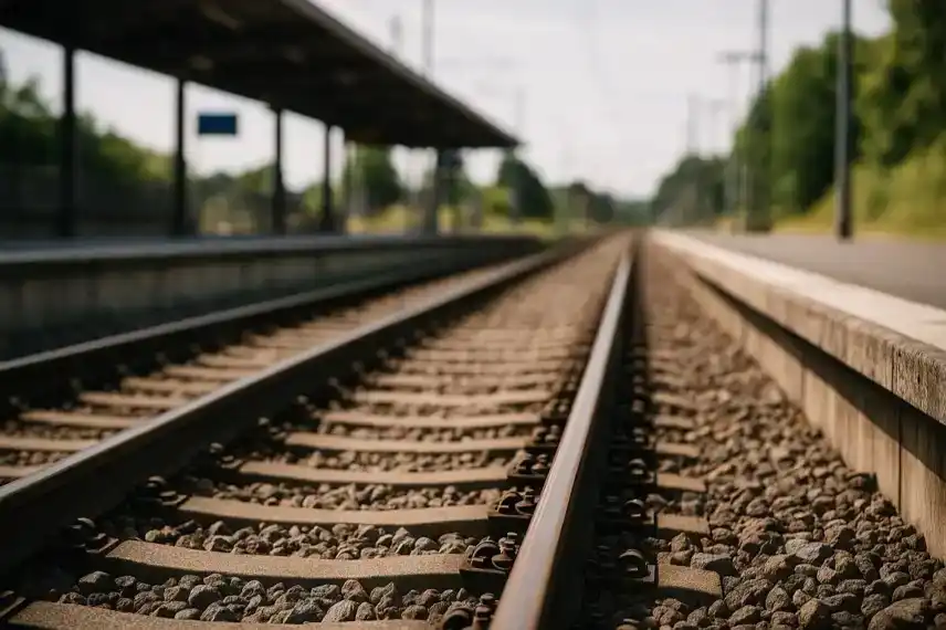 Bahngleise mit Schotterbett und Bahnsteig bei hellem Tageslicht, fotografiert mit Tiefenschärfe.