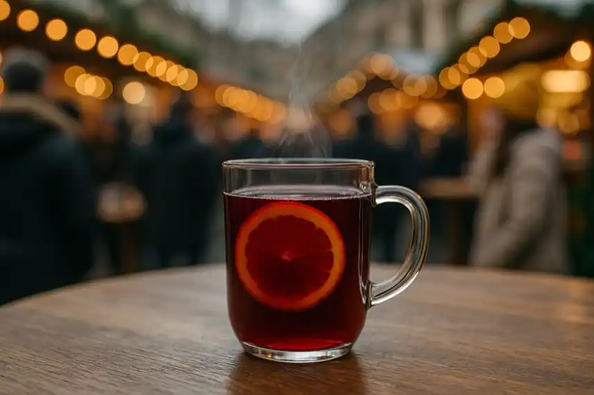 Ein klarer Glasmug mit heißem Glühwein und Orangenscheibe steht auf einem Holztisch, im Hintergrund unscharfe Lichter eines Weihnachtsmarktes.