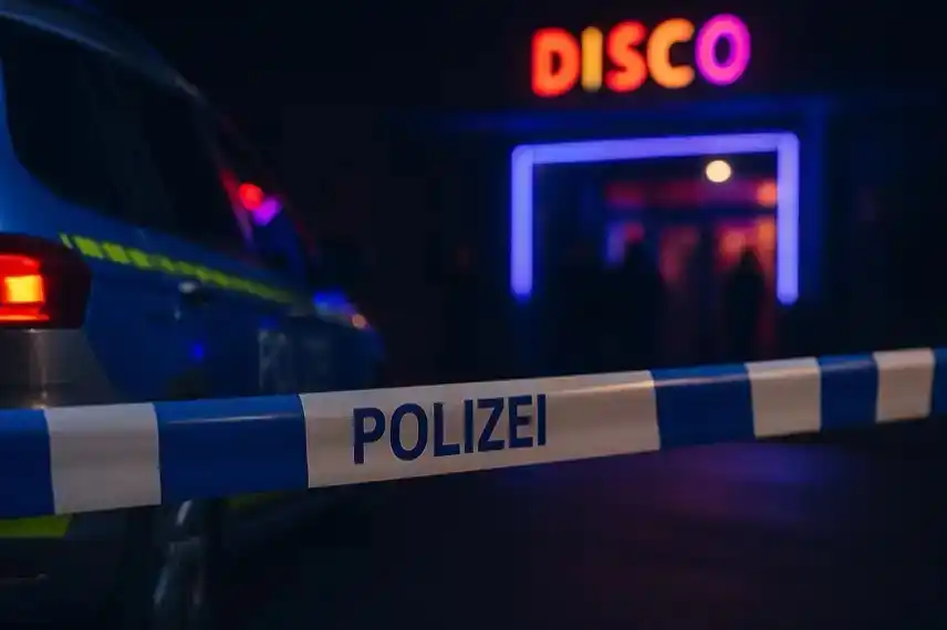 Polizeiauto und blau-weißes Absperrband vor einem unscharfen Discoeingang bei Nacht.