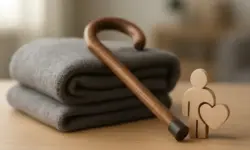 Gefaltete graue Decke mit Holz-Gehstock und einer kleinen Holzfigur mit Herzsymbol auf einem Holztisch.