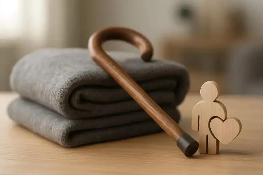 Gefaltete graue Decke mit Holz-Gehstock und einer kleinen Holzfigur mit Herzsymbol auf einem Holztisch.