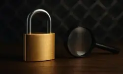 Nahaufnahme eines goldenen Vorhängeschlosses und einer danebenliegenden Lupe auf Holztisch mit unscharfem Hintergrund.