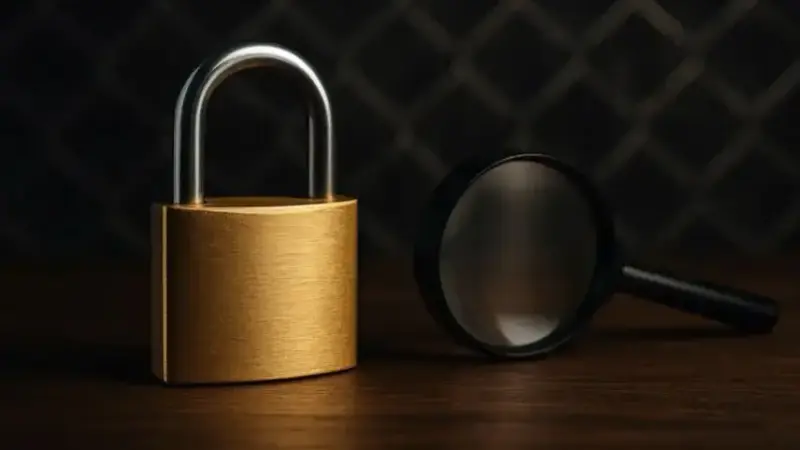 Nahaufnahme eines goldenen Vorhängeschlosses und einer danebenliegenden Lupe auf Holztisch mit unscharfem Hintergrund.