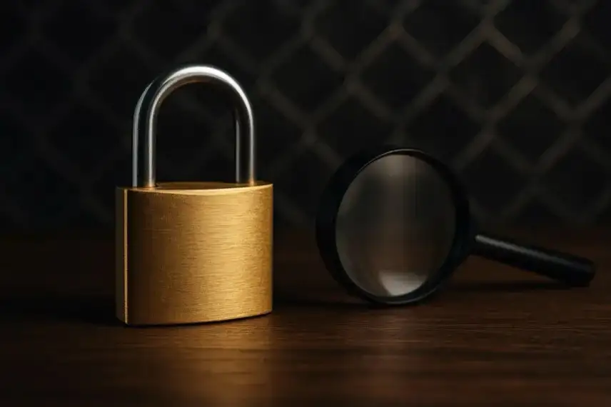 Nahaufnahme eines goldenen Vorhängeschlosses und einer danebenliegenden Lupe auf Holztisch mit unscharfem Hintergrund.