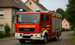 Feuerwehrfahrzeug vor aufsteigendem Rauch und brennendem Müllhaufen, aufgenommen als neutrales Symbolbild.