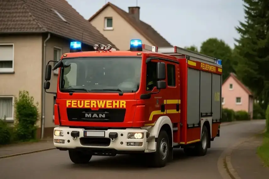 Feuerwehrfahrzeug vor aufsteigendem Rauch und brennendem Müllhaufen, aufgenommen als neutrales Symbolbild.