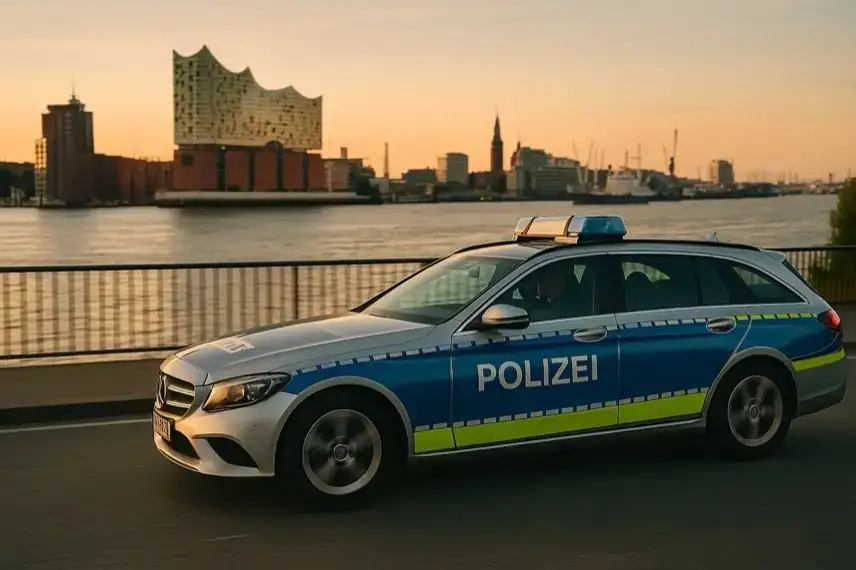 Deutsches Polizeiauto fährt am Elbufer entlang, im Hintergrund die Elbe und Gebäude bei Sonnenuntergang.