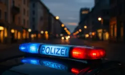 Blaulicht eines Polizeiautos in einer unscharfen städtischen Straße bei Abenddämmerung.