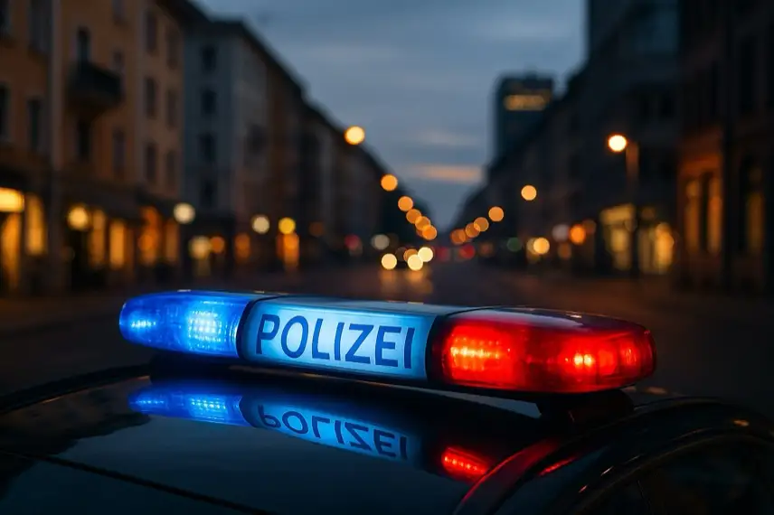 Blaulicht eines Polizeiautos in einer unscharfen städtischen Straße bei Abenddämmerung.