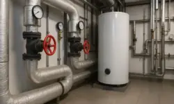 Industrieller Heizungsraum mit isolierten Rohrleitungen, Ventilen, Druckanzeigen und einem weißen Warmwasserboiler.
