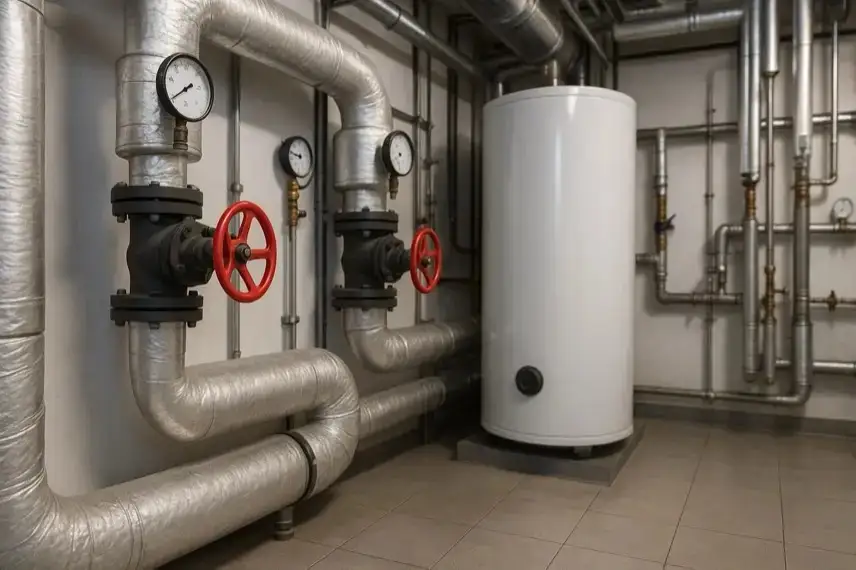 Industrieller Heizungsraum mit isolierten Rohrleitungen, Ventilen, Druckanzeigen und einem weißen Warmwasserboiler.
