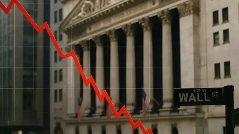 Fallende rote Kurslinie vor dem Gebäude der New Yorker Börse mit unscharfer Menschenmenge im Hintergrund.