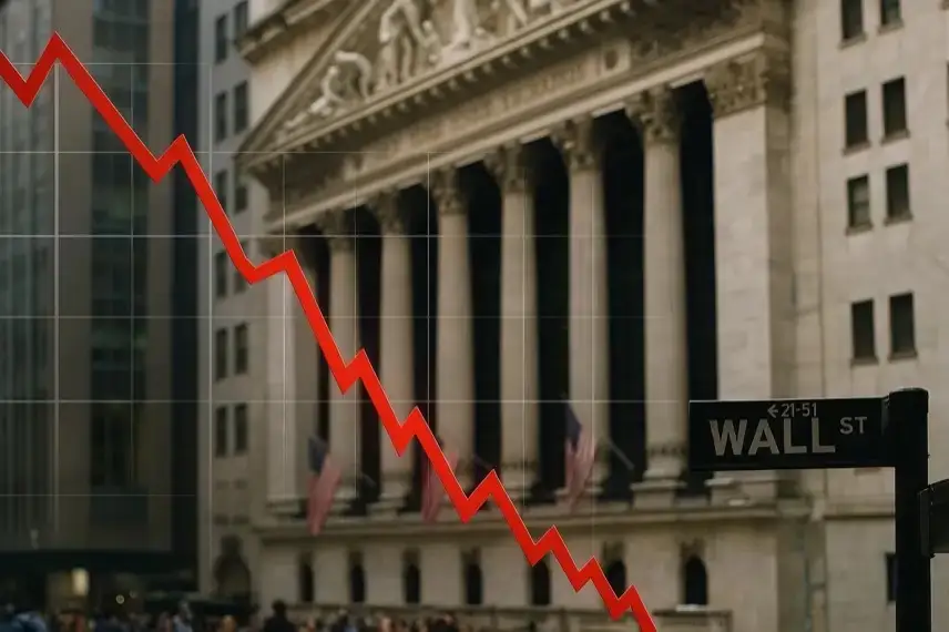 Fallende rote Kurslinie vor dem Gebäude der New Yorker Börse mit unscharfer Menschenmenge im Hintergrund.