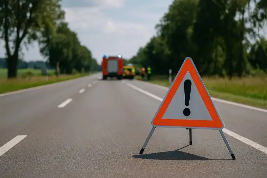 Warnschild auf einer Landstraße, im Hintergrund unscharf ein Einsatzfahrzeug und Einsatzkräfte bei sonnigem Tageslicht.