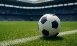 Fußball auf einer frisch gemähten Rasenlinie in einem Stadion mit unscharfem Hintergrund.