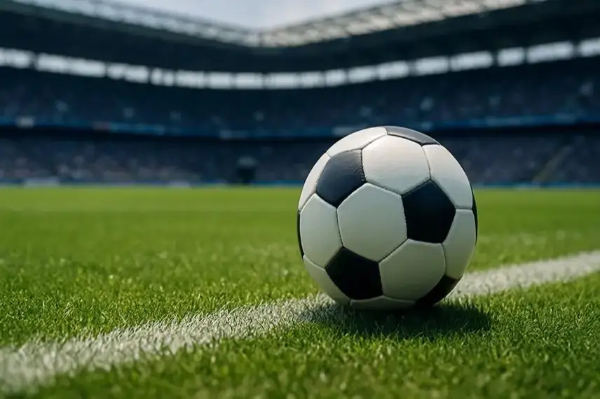 Fußball auf einer frisch gemähten Rasenlinie in einem Stadion mit unscharfem Hintergrund.