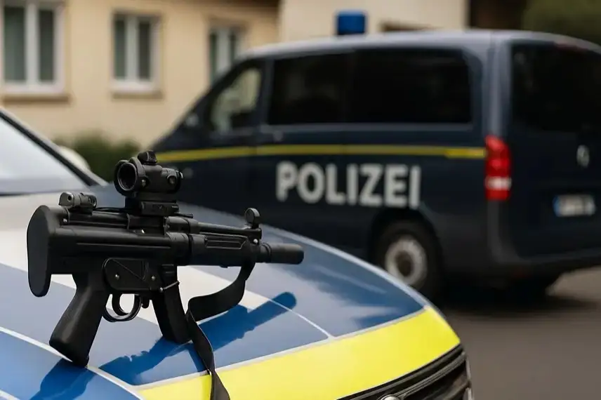 Nahaufnahme einer Einsatzwaffe auf der Motorhaube eines Polizeifahrzeugs, im Hintergrund ein weiteres Polizeifahrzeug in einer Wohnstraße.