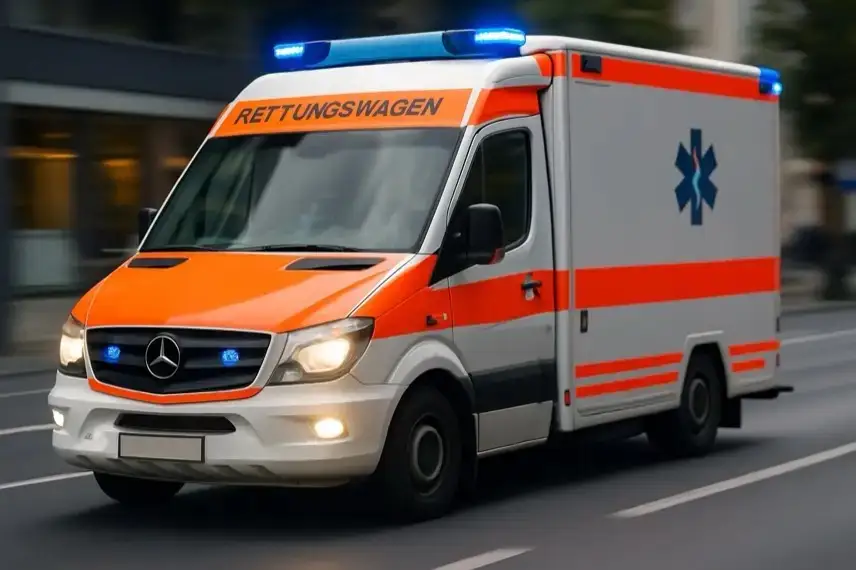 Ein deutscher Rettungswagen mit orange-weißer Lackierung fährt mit eingeschaltetem Blaulicht auf einer städtischen Straße.