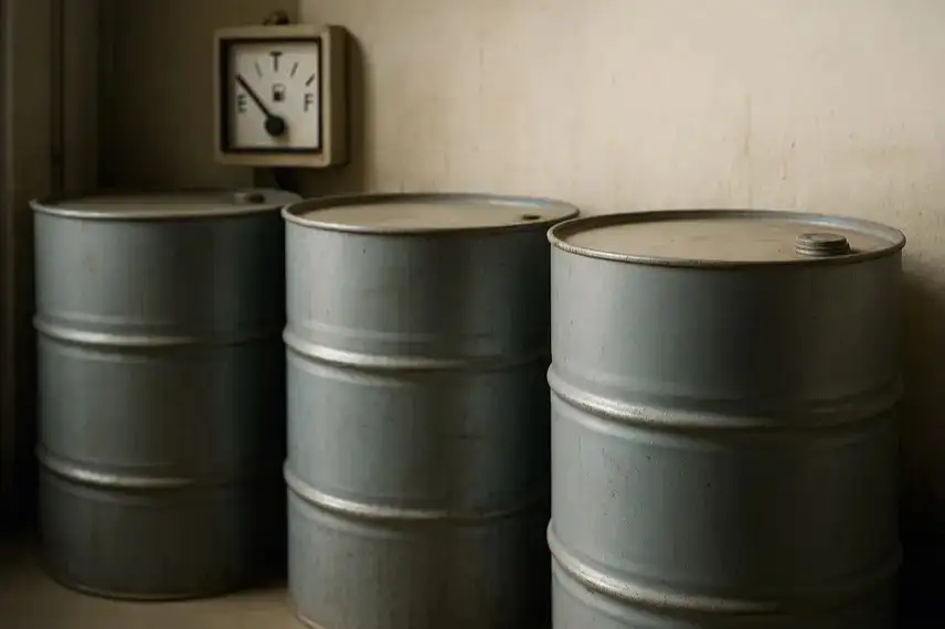 Drei graue Metallfässer in einem hell ausgeleuchteten Raum mit leichter Tiefenschärfe.