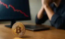 Goldene Bitcoin-Münze im Vordergrund, im Hintergrund ein verschwommener Bildschirm mit fallendem Kursdiagramm und einem nachdenklichen Mann.