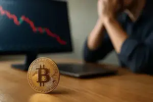 Goldene Bitcoin-Münze im Vordergrund, im Hintergrund ein verschwommener Bildschirm mit fallendem Kursdiagramm und einem nachdenklichen Mann.