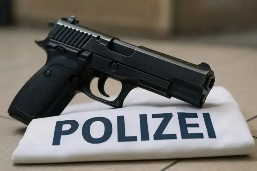 Nahaufnahme einer schwarzen Pistole, die auf einer weißen Armbinde mit der Aufschrift „Polizei“ liegt.