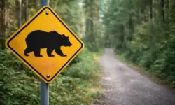 Gelbes Warnschild mit schwarzem Grizzly-Symbol am Rand eines Waldwegs bei Tageslicht.