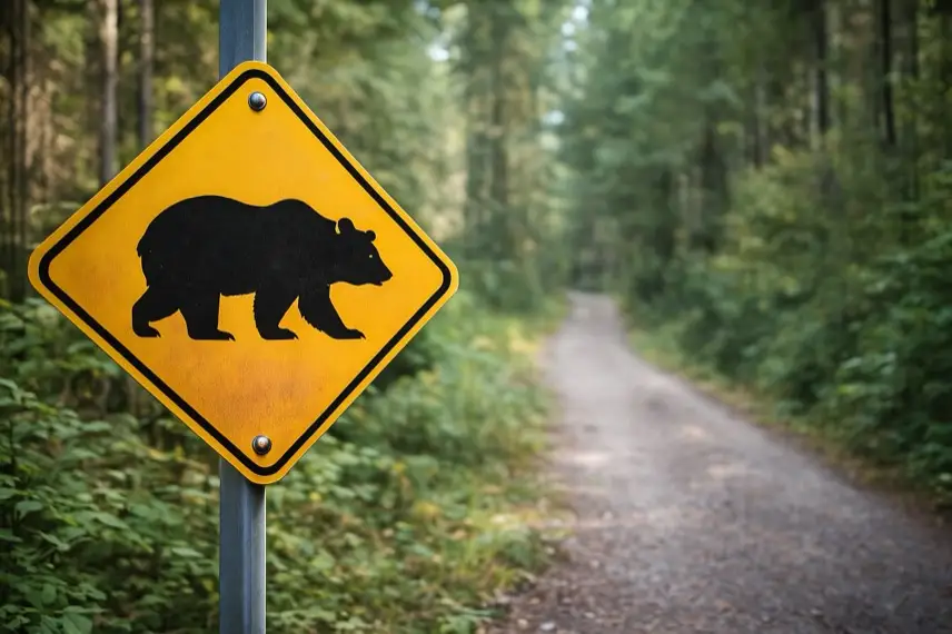 Gelbes Warnschild mit schwarzem Grizzly-Symbol am Rand eines Waldwegs bei Tageslicht.