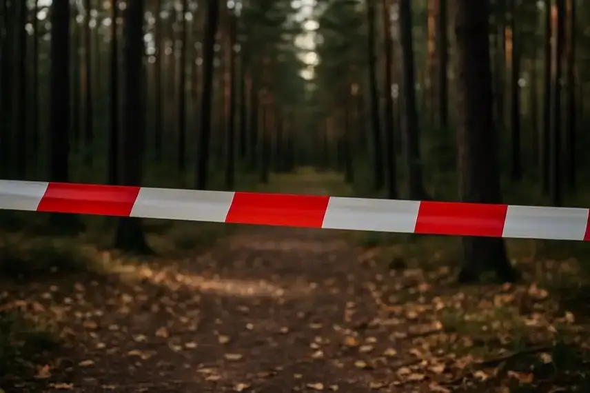 Absperrband vor einem Waldweg in einem herbstlichen Wald, mit unscharfem Hintergrund und natürlichem Licht.