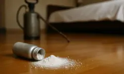 Ein umgekippter Aluminiumbehälter mit weißem Pulver auf einem Holzfußboden, im Hintergrund ein Insektizidsprüher in einem Hotelzimmer.