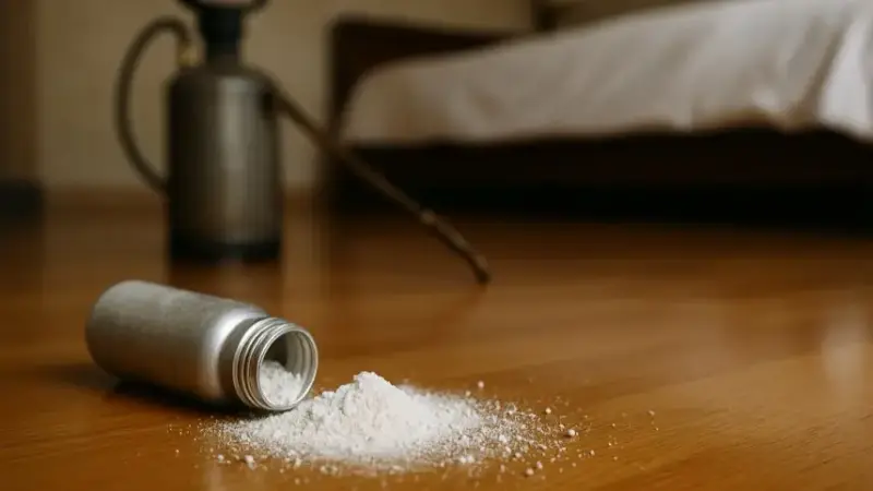 Ein umgekippter Aluminiumbehälter mit weißem Pulver auf einem Holzfußboden, im Hintergrund ein Insektizidsprüher in einem Hotelzimmer.