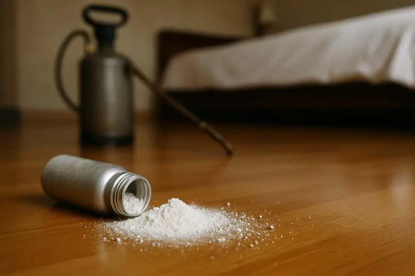 Ein umgekippter Aluminiumbehälter mit weißem Pulver auf einem Holzfußboden, im Hintergrund ein Insektizidsprüher in einem Hotelzimmer.