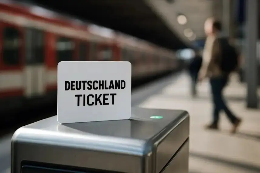 Deutschlandticket-Karte auf einem Fahrkartenentwerter am Bahnsteig mit unscharfer Bahn und Personen im Hintergrund.