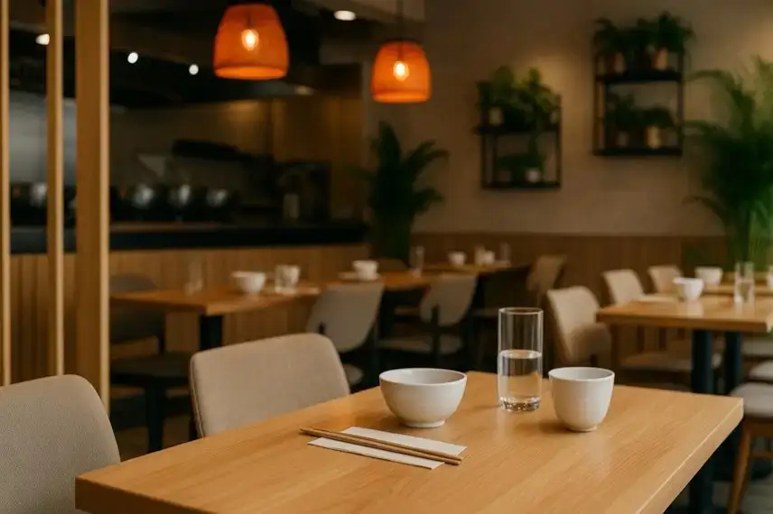 Modern eingerichteter Restaurantraum mit Holztischen, Geschirr und warmem Licht ohne erkennbare Personen.