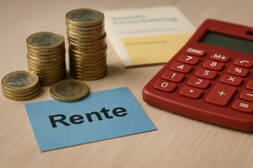 Gestapelte Euro-Münzen, ein roter Taschenrechner und eine Karte mit der Aufschrift „Rente“ auf einem Holztisch.